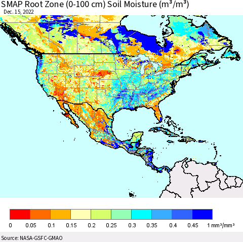 North America SMAP Root Zone (0-100 cm) Soil Moisture (m³/m³) Thematic Map For 12/11/2022 - 12/15/2022