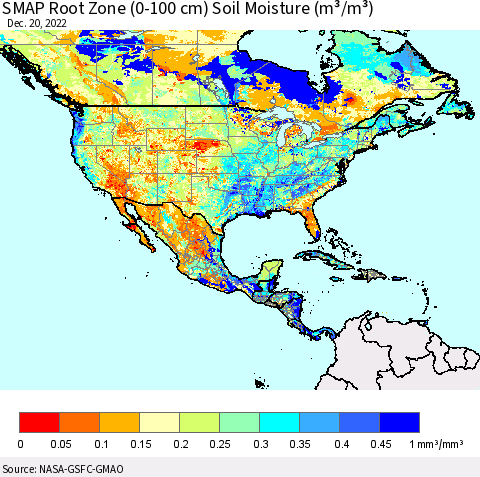 North America SMAP Root Zone (0-100 cm) Soil Moisture (m³/m³) Thematic Map For 12/16/2022 - 12/20/2022