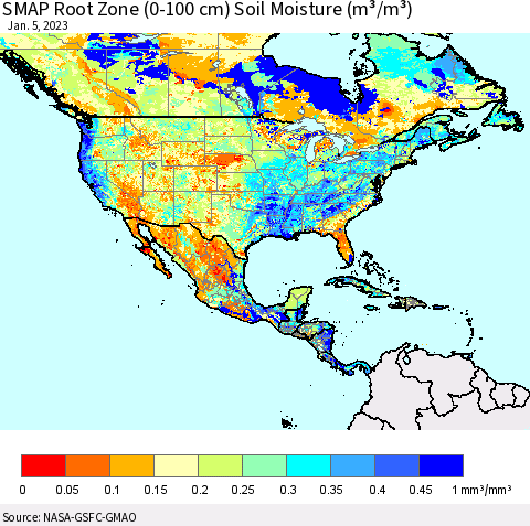 North America SMAP Root Zone (0-100 cm) Soil Moisture (m³/m³) Thematic Map For 1/1/2023 - 1/5/2023