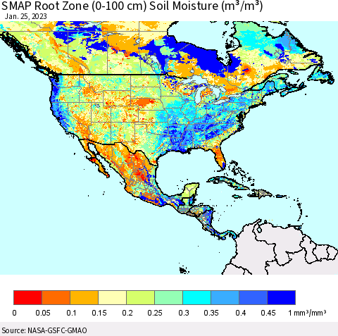 North America SMAP Root Zone (0-100 cm) Soil Moisture (m³/m³) Thematic Map For 1/21/2023 - 1/25/2023