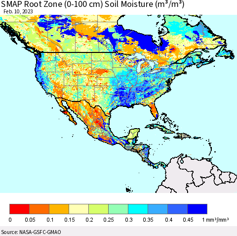 North America SMAP Root Zone (0-100 cm) Soil Moisture (m³/m³) Thematic Map For 2/6/2023 - 2/10/2023