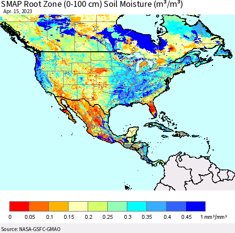 North America SMAP Root Zone (0-100 cm) Soil Moisture (m³/m³) Thematic Map For 4/11/2023 - 4/15/2023