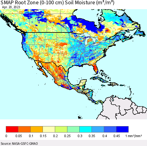 North America SMAP Root Zone (0-100 cm) Soil Moisture (m³/m³) Thematic Map For 4/16/2023 - 4/20/2023