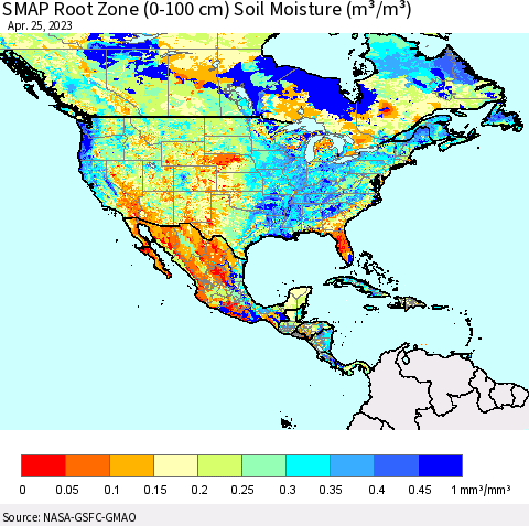 North America SMAP Root Zone (0-100 cm) Soil Moisture (m³/m³) Thematic Map For 4/21/2023 - 4/25/2023