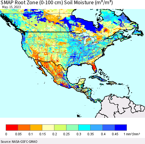 North America SMAP Root Zone (0-100 cm) Soil Moisture (m³/m³) Thematic Map For 5/11/2023 - 5/15/2023