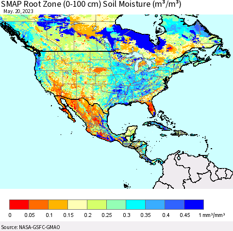 North America SMAP Root Zone (0-100 cm) Soil Moisture (m³/m³) Thematic Map For 5/16/2023 - 5/20/2023