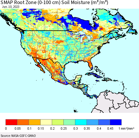 North America SMAP Root Zone (0-100 cm) Soil Moisture (m³/m³) Thematic Map For 6/6/2023 - 6/10/2023