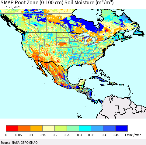 North America SMAP Root Zone (0-100 cm) Soil Moisture (m³/m³) Thematic Map For 6/16/2023 - 6/20/2023