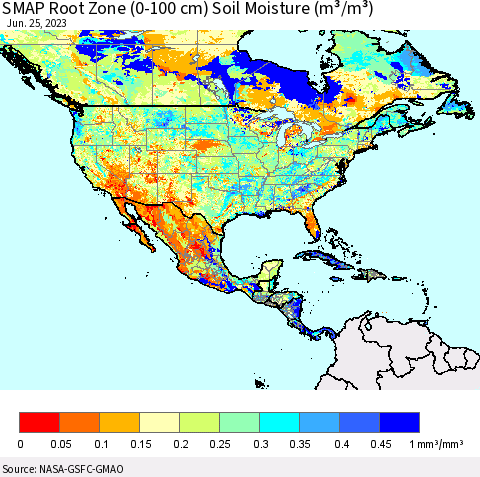 North America SMAP Root Zone (0-100 cm) Soil Moisture (m³/m³) Thematic Map For 6/21/2023 - 6/25/2023