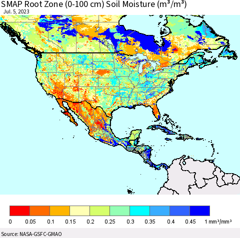 North America SMAP Root Zone (0-100 cm) Soil Moisture (m³/m³) Thematic Map For 7/1/2023 - 7/5/2023