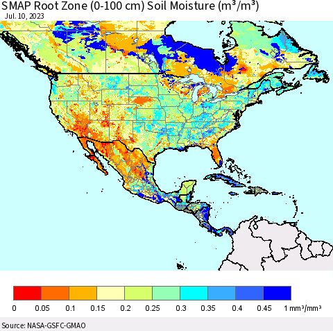 North America SMAP Root Zone (0-100 cm) Soil Moisture (m³/m³) Thematic Map For 7/6/2023 - 7/10/2023