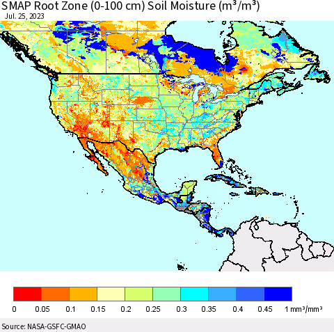 North America SMAP Root Zone (0-100 cm) Soil Moisture (m³/m³) Thematic Map For 7/21/2023 - 7/25/2023