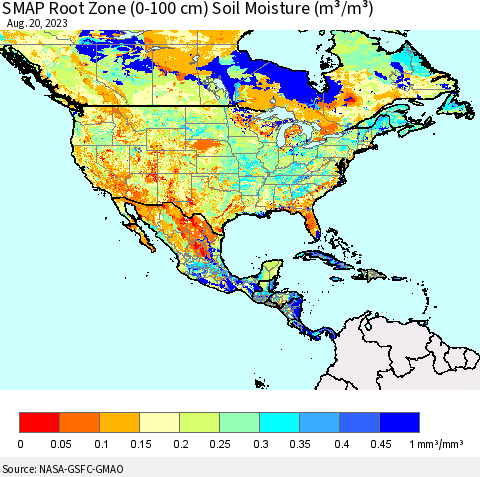 North America SMAP Root Zone (0-100 cm) Soil Moisture (m³/m³) Thematic Map For 8/16/2023 - 8/20/2023
