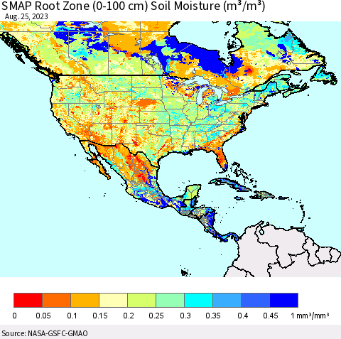 North America SMAP Root Zone (0-100 cm) Soil Moisture (m³/m³) Thematic Map For 8/21/2023 - 8/25/2023