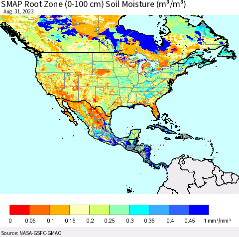 North America SMAP Root Zone (0-100 cm) Soil Moisture (m³/m³) Thematic Map For 8/26/2023 - 8/31/2023