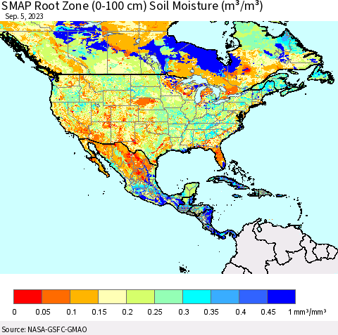 North America SMAP Root Zone (0-100 cm) Soil Moisture (m³/m³) Thematic Map For 9/1/2023 - 9/5/2023