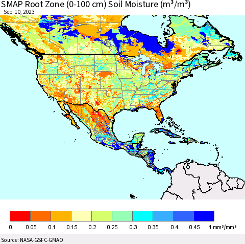 North America SMAP Root Zone (0-100 cm) Soil Moisture (m³/m³) Thematic Map For 9/6/2023 - 9/10/2023