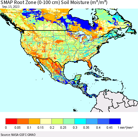 North America SMAP Root Zone (0-100 cm) Soil Moisture (m³/m³) Thematic Map For 9/11/2023 - 9/15/2023