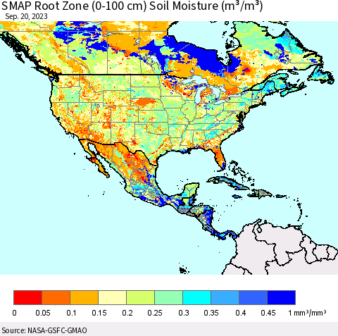 North America SMAP Root Zone (0-100 cm) Soil Moisture (m³/m³) Thematic Map For 9/16/2023 - 9/20/2023