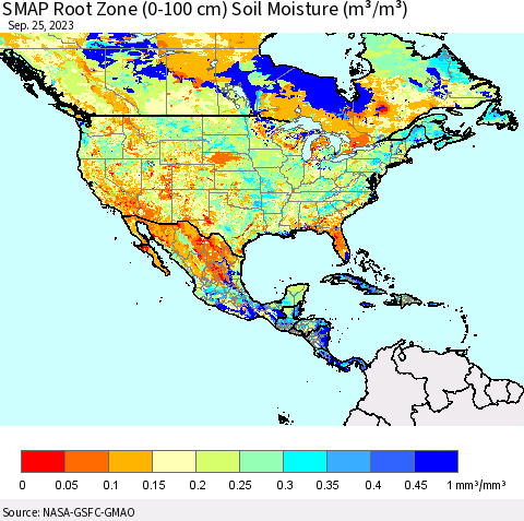 North America SMAP Root Zone (0-100 cm) Soil Moisture (m³/m³) Thematic Map For 9/21/2023 - 9/25/2023