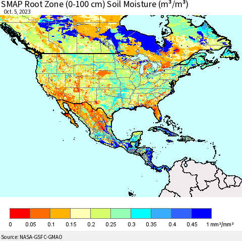 North America SMAP Root Zone (0-100 cm) Soil Moisture (m³/m³) Thematic Map For 10/1/2023 - 10/5/2023