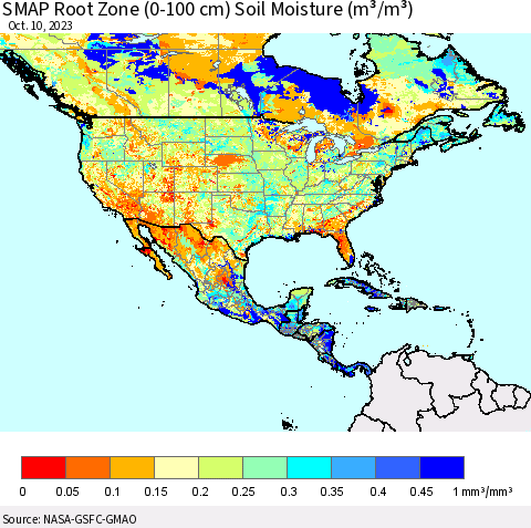 North America SMAP Root Zone (0-100 cm) Soil Moisture (m³/m³) Thematic Map For 10/6/2023 - 10/10/2023