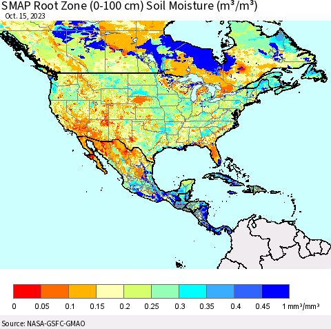 North America SMAP Root Zone (0-100 cm) Soil Moisture (m³/m³) Thematic Map For 10/11/2023 - 10/15/2023