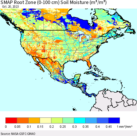 North America SMAP Root Zone (0-100 cm) Soil Moisture (m³/m³) Thematic Map For 10/16/2023 - 10/20/2023