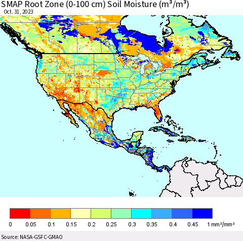 North America SMAP Root Zone (0-100 cm) Soil Moisture (m³/m³) Thematic Map For 10/26/2023 - 10/31/2023