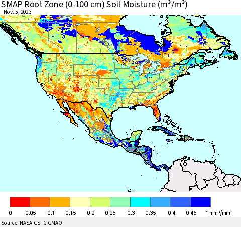North America SMAP Root Zone (0-100 cm) Soil Moisture (m³/m³) Thematic Map For 11/1/2023 - 11/5/2023