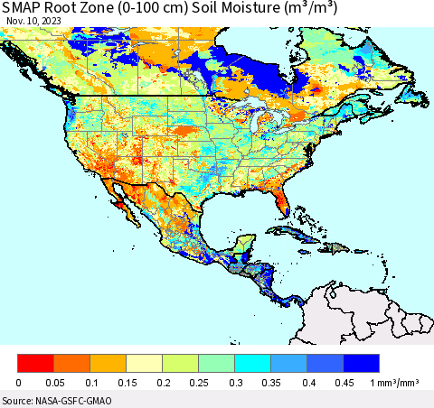 North America SMAP Root Zone (0-100 cm) Soil Moisture (m³/m³) Thematic Map For 11/6/2023 - 11/10/2023