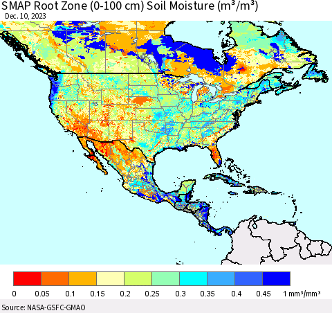 North America SMAP Root Zone (0-100 cm) Soil Moisture (m³/m³) Thematic Map For 12/6/2023 - 12/10/2023