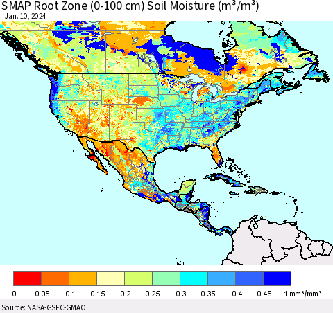 North America SMAP Root Zone (0-100 cm) Soil Moisture (m³/m³) Thematic Map For 1/6/2024 - 1/10/2024