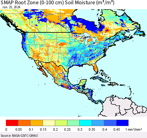North America SMAP Root Zone (0-100 cm) Soil Moisture (m³/m³) Thematic Map For 1/21/2024 - 1/25/2024