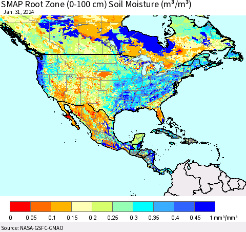 North America SMAP Root Zone (0-100 cm) Soil Moisture (m³/m³) Thematic Map For 1/26/2024 - 1/31/2024