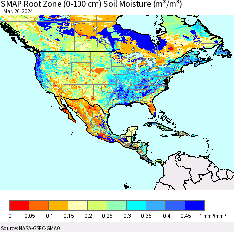 North America SMAP Root Zone (0-100 cm) Soil Moisture (m³/m³) Thematic Map For 3/16/2024 - 3/20/2024