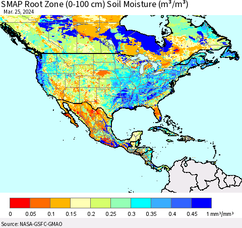 North America SMAP Root Zone (0-100 cm) Soil Moisture (m³/m³) Thematic Map For 3/21/2024 - 3/25/2024