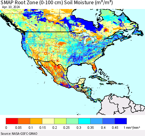 North America SMAP Root Zone (0-100 cm) Soil Moisture (m³/m³) Thematic Map For 4/6/2024 - 4/10/2024