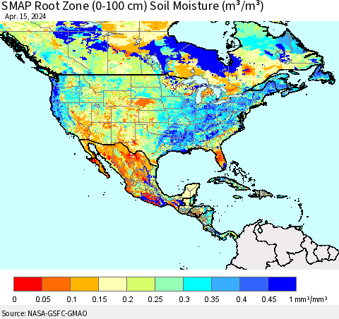 North America SMAP Root Zone (0-100 cm) Soil Moisture (m³/m³) Thematic Map For 4/11/2024 - 4/15/2024