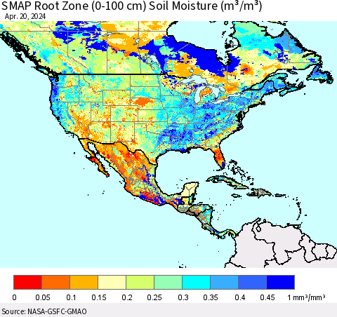 North America SMAP Root Zone (0-100 cm) Soil Moisture (m³/m³) Thematic Map For 4/16/2024 - 4/20/2024
