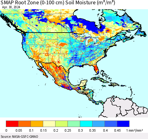 North America SMAP Root Zone (0-100 cm) Soil Moisture (m³/m³) Thematic Map For 4/26/2024 - 4/30/2024