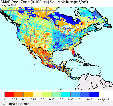 North America SMAP Root Zone (0-100 cm) Soil Moisture (m³/m³) Thematic Map For 5/6/2024 - 5/10/2024