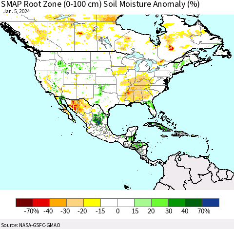 North America SMAP Root Zone (0-100 cm) Soil Moisture Anomaly (%) Thematic Map For 1/1/2024 - 1/5/2024