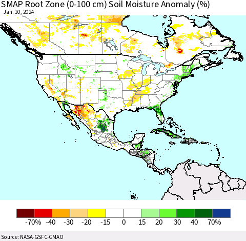 North America SMAP Root Zone (0-100 cm) Soil Moisture Anomaly (%) Thematic Map For 1/6/2024 - 1/10/2024