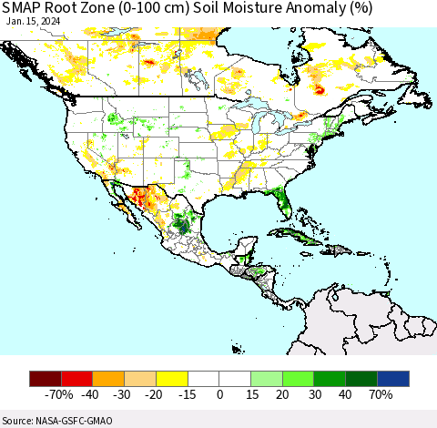 North America SMAP Root Zone (0-100 cm) Soil Moisture Anomaly (%) Thematic Map For 1/11/2024 - 1/15/2024