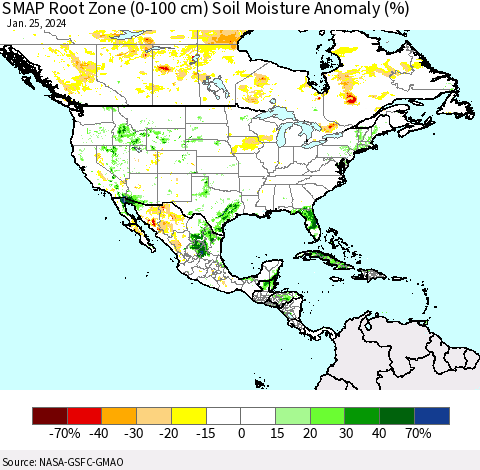 North America SMAP Root Zone (0-100 cm) Soil Moisture Anomaly (%) Thematic Map For 1/21/2024 - 1/25/2024