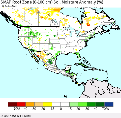 North America SMAP Root Zone (0-100 cm) Soil Moisture Anomaly (%) Thematic Map For 1/26/2024 - 1/31/2024
