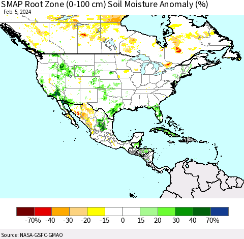 North America SMAP Root Zone (0-100 cm) Soil Moisture Anomaly (%) Thematic Map For 2/1/2024 - 2/5/2024