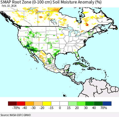 North America SMAP Root Zone (0-100 cm) Soil Moisture Anomaly (%) Thematic Map For 2/6/2024 - 2/10/2024