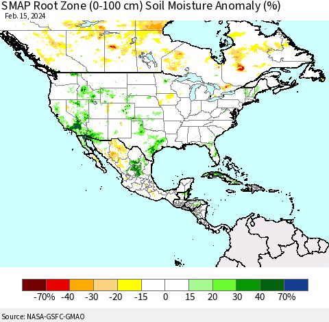 North America SMAP Root Zone (0-100 cm) Soil Moisture Anomaly (%) Thematic Map For 2/11/2024 - 2/15/2024